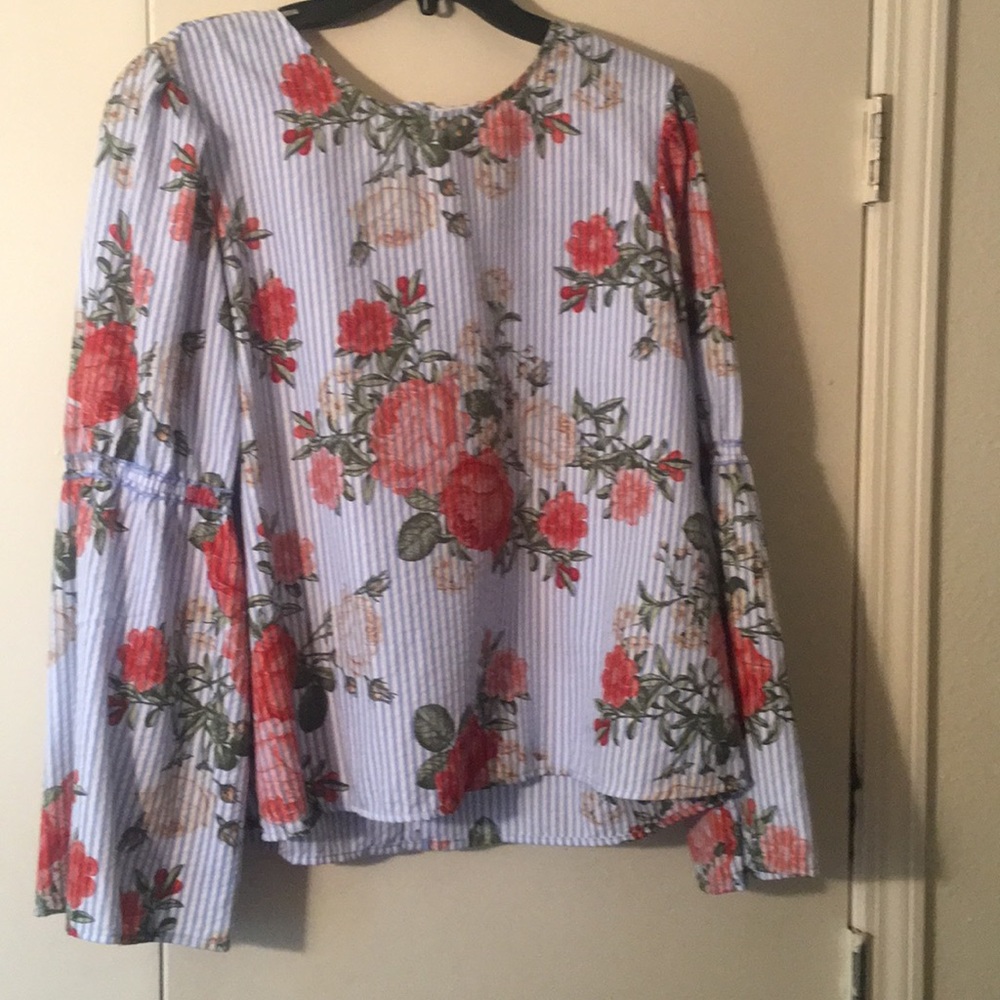Blue and white striped floral blouse